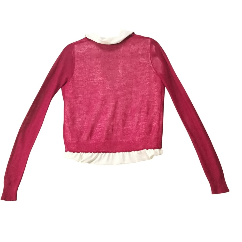 $120 EUC TROUBADOR long sleeve cardigan blouse S berry cream mixed media silk - Picture 3 of 6